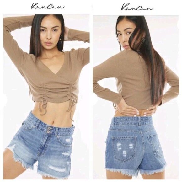 Kancan Sarah High Rise Fray Mom Shorts Light Wash Size 5 26 Distressed Pockets - Picture 1 of 13